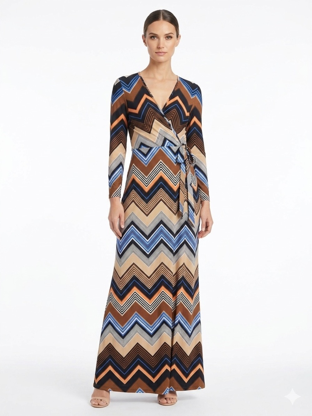 VENUS NWOT Cottony Stretchy Soft Chevron Maxi Dress Long Sleeve Faux Wrap
